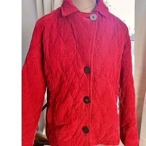 Quilted Corduroy Jacket Red Lagenlook Collared Button Front MED Women's‎